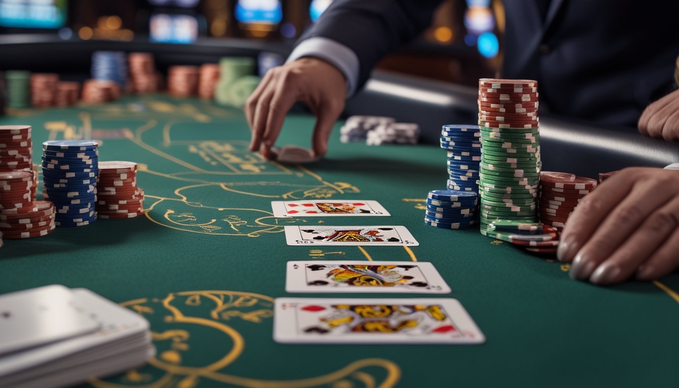 Meja blackjack di kasino dengan kartu dan tumpukan chip poker, suasana kasino Atlantic City di latar belakang.