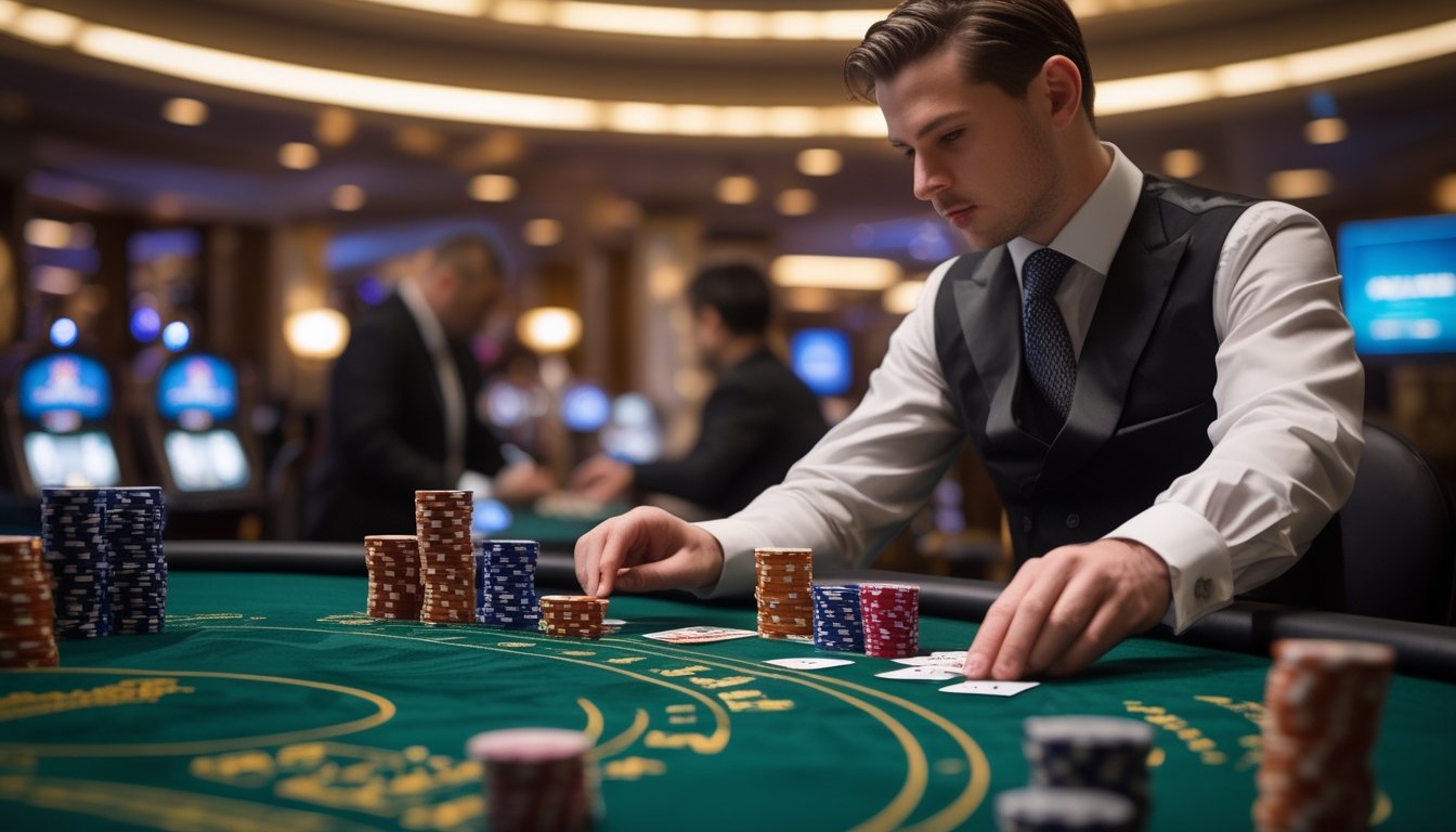 Seorang pemain berjubah rapi sedang bermain blackjack di meja kasino dengan dealer yang membagikan kartu di Atlantic City.
