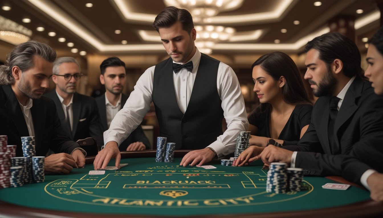 Seorang dealer dan beberapa pemain duduk di meja blackjack di kasino, fokus pada permainan dan taruhan kartu.