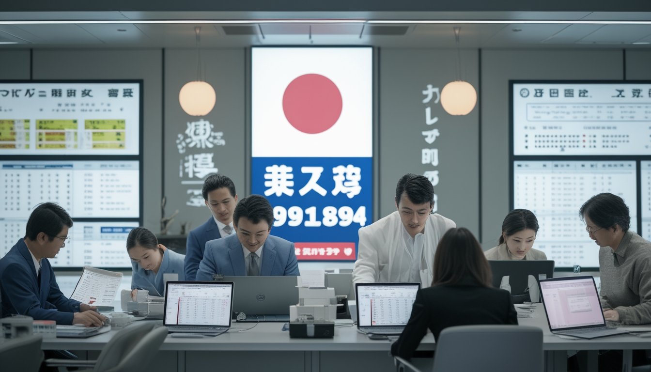 Sekelompok orang dewasa sedang memeriksa tiket lotere resmi di ruang kantor modern dengan elemen dekorasi Jepang.