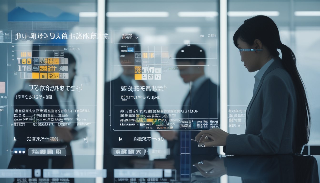 Orang-orang profesional sedang menggunakan teknologi modern di kantor dengan latar belakang pemandangan Gunung Fuji.