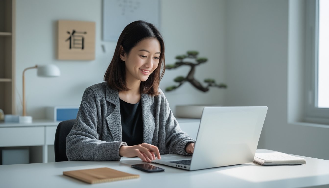 Seorang wanita muda Asia duduk di meja kerja dengan laptop dan ponsel, terlihat fokus dan tenang di ruangan yang rapi dengan dekorasi Jepang kecil.