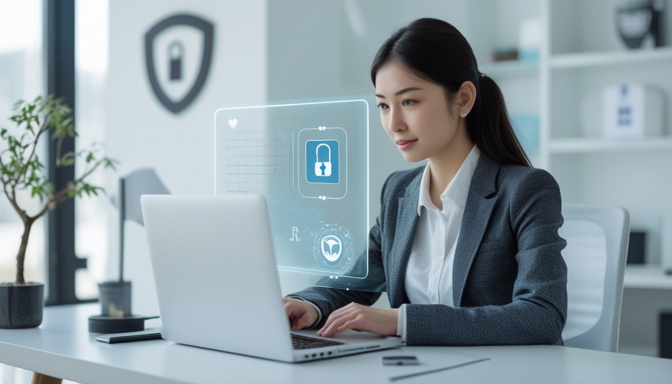 Seorang wanita muda Asia duduk di meja kerja modern dengan laptop, terlihat fokus dan serius di ruang kantor yang terang dan rapi.