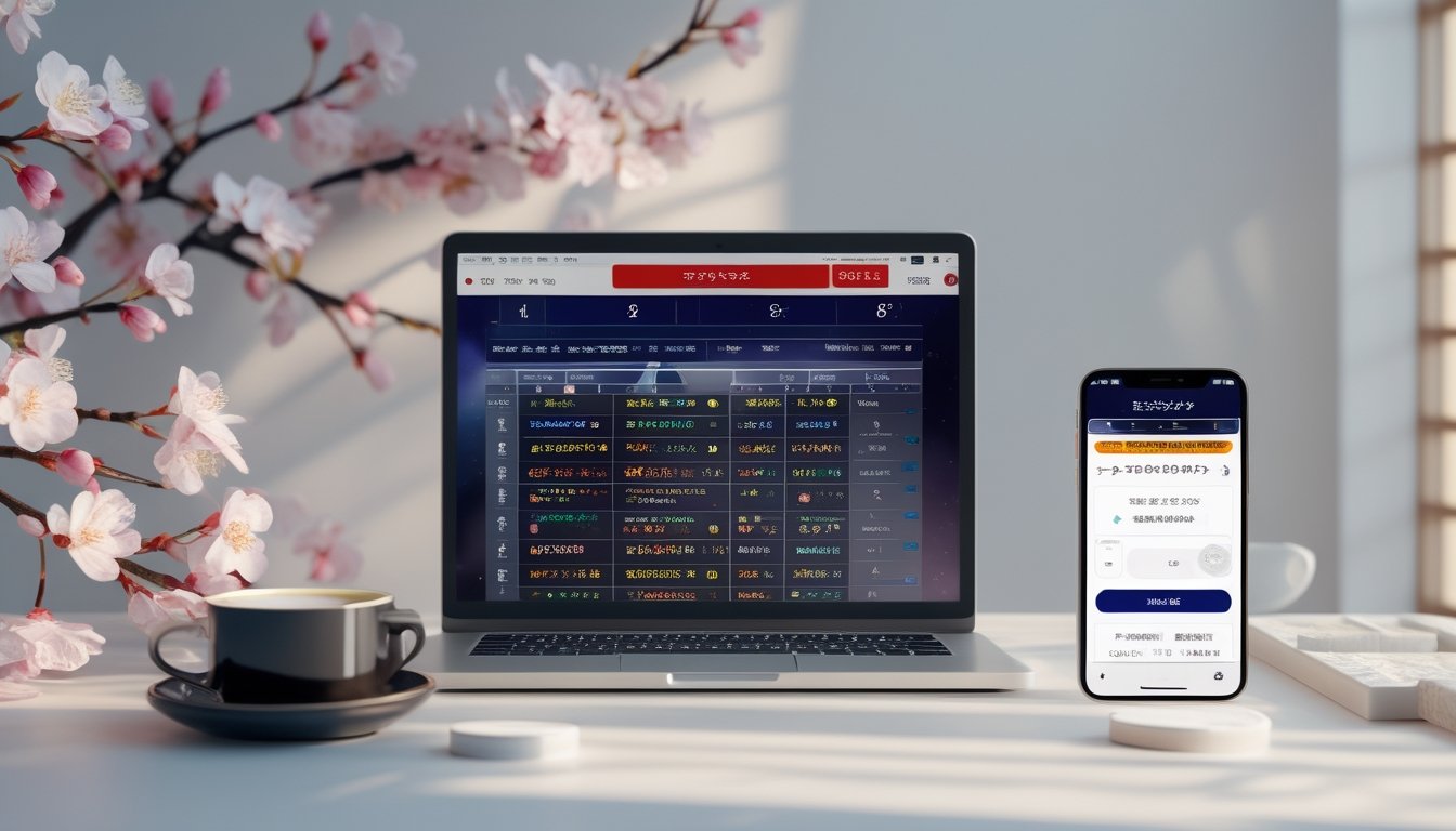 Sebuah meja kerja modern dengan laptop dan ponsel menampilkan layar terkait permainan lotere Jepang, dikelilingi dekorasi minimalis dan elemen budaya Jepang.