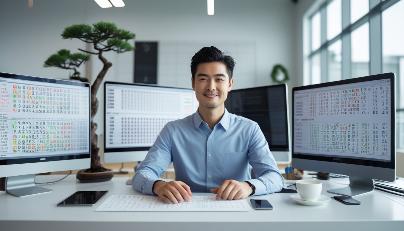 Seorang pria Asia duduk di meja kantor modern dengan beberapa monitor komputer menampilkan angka togel, di sekitar ada tanaman bonsai dan dekorasi minimalis.