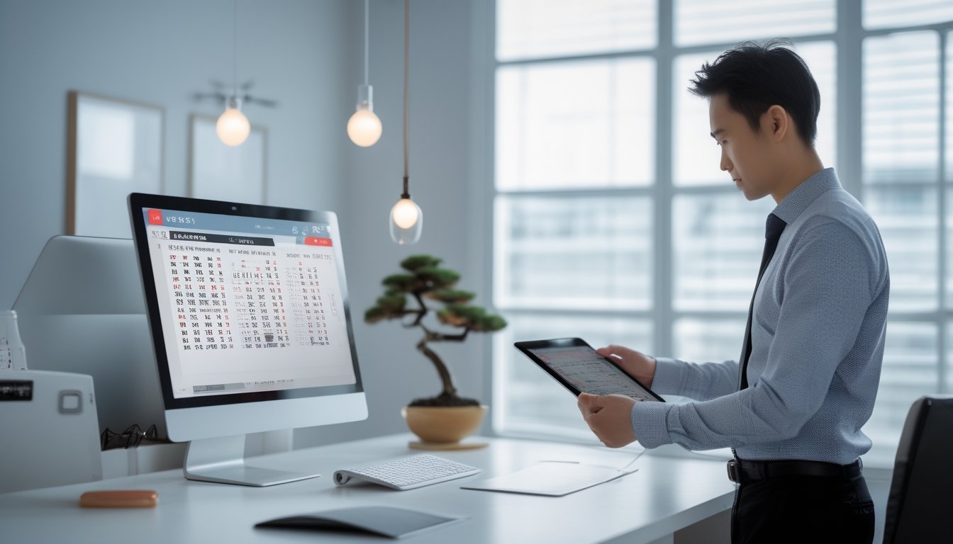 Seorang profesional sedang menganalisis data lotere Jepang di kantor modern dengan dekorasi minimalis dan tanaman bonsai.