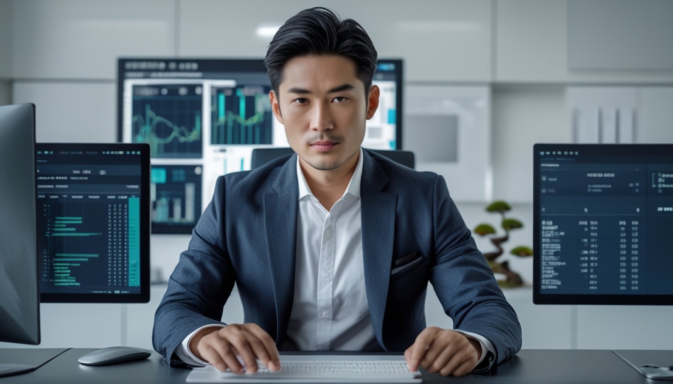 Seorang pria Asia duduk di meja dengan beberapa layar komputer yang menampilkan data dan grafik, di kantor modern dengan dekorasi Jepang minimalis.