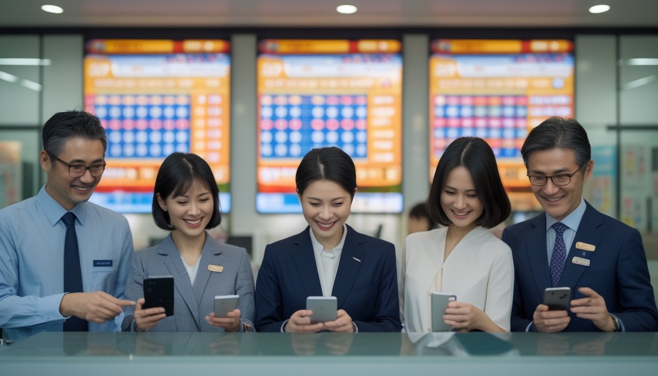 Orang-orang Jepang menggunakan perangkat digital di ruang modern dengan layar menampilkan angka lotere.