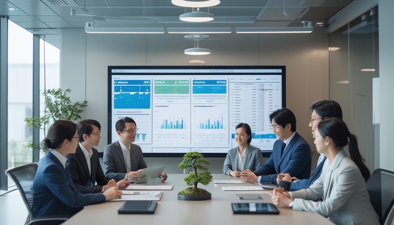 Sekelompok profesional bisnis sedang berdiskusi di kantor modern dengan layar digital besar yang menampilkan grafik dan data terkait lotere Jepang.