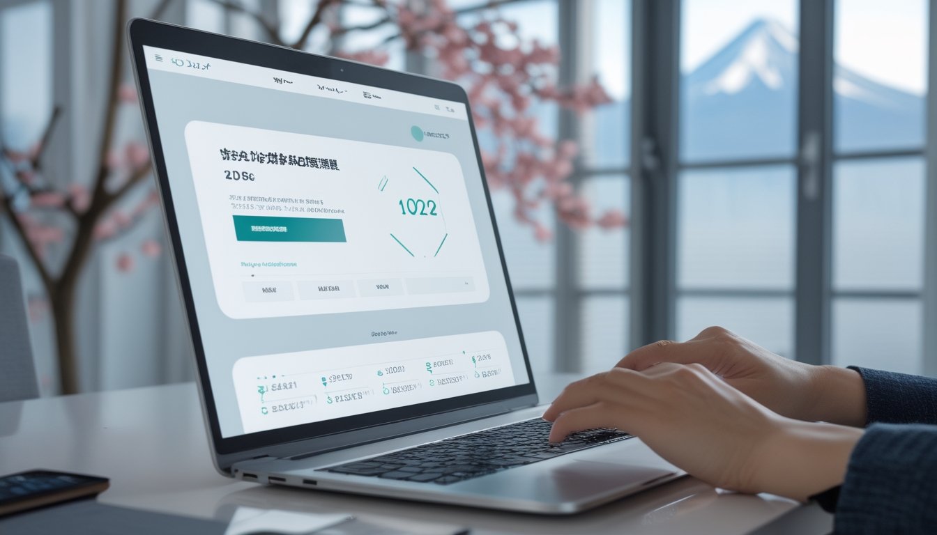 Seseorang menggunakan laptop di meja kerja dengan latar belakang elemen budaya Jepang dan grafik digital yang menunjukkan tema lotere online terpercaya.