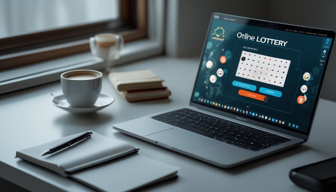 Meja kerja modern dengan laptop yang menampilkan situs lotere online Jepang, cangkir kopi, dan buku catatan di lingkungan yang rapi dan terang.