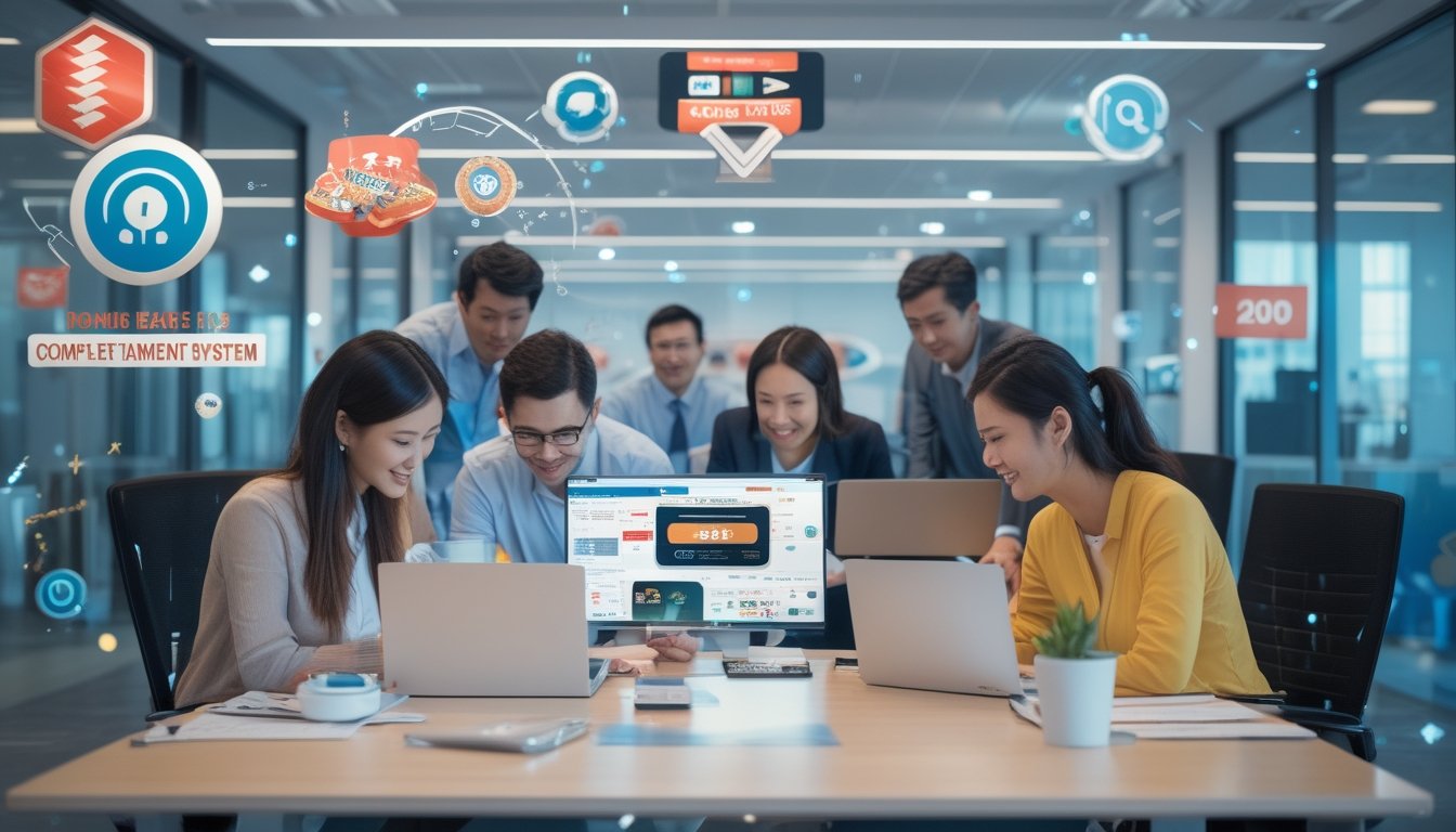 Orang-orang menggunakan laptop dan ponsel di kantor modern dengan simbol pembayaran digital dan elemen budaya Jepang di latar belakang.