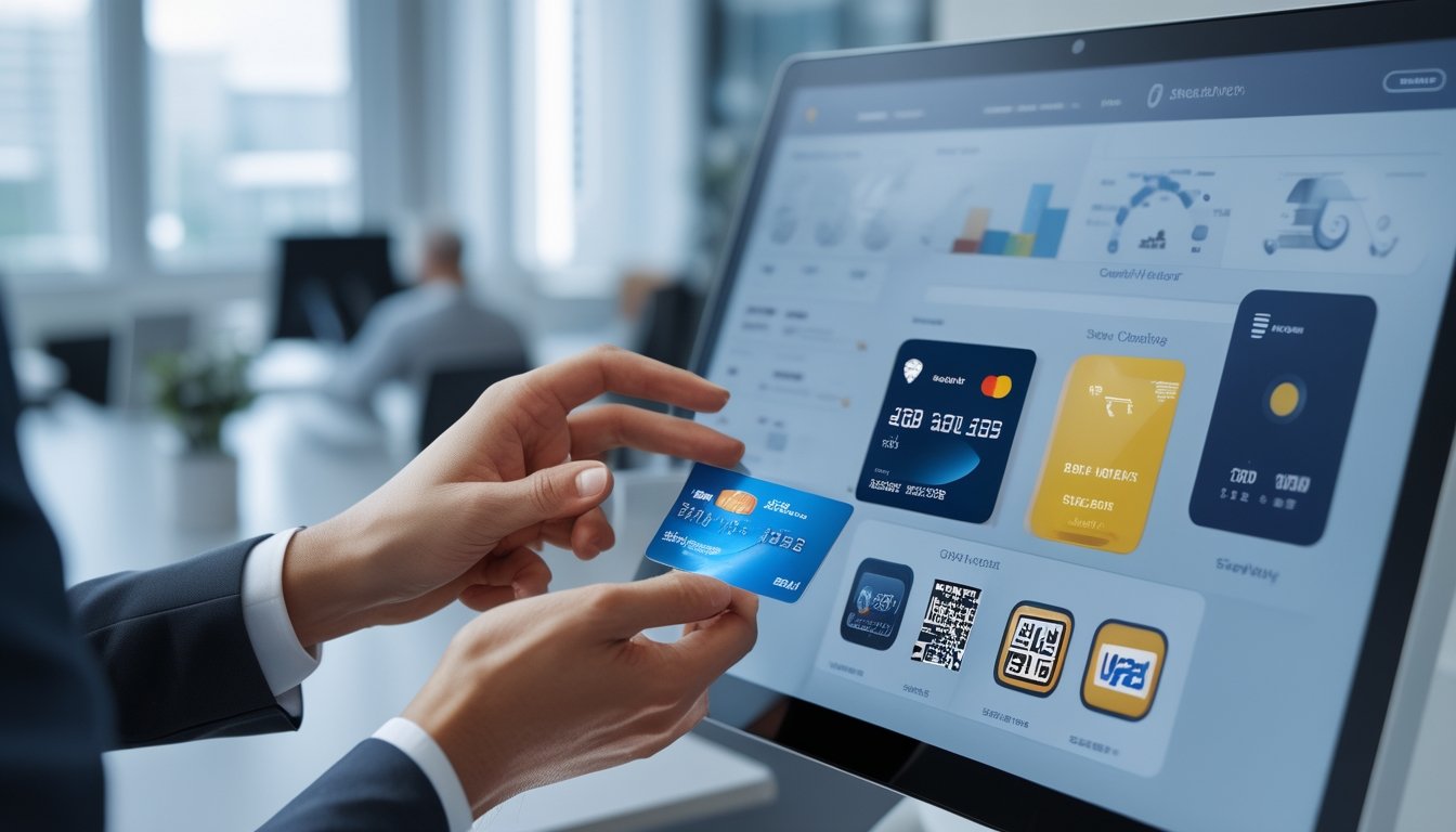 Orang-orang menggunakan layar sentuh digital dengan berbagai metode pembayaran di kantor modern.