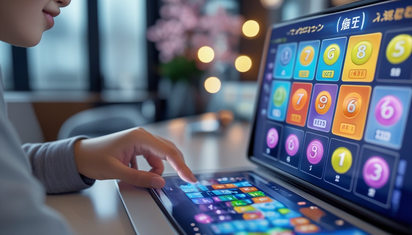 Seseorang sedang menggunakan perangkat layar sentuh dengan tampilan angka togel Jepang di lingkungan modern dan terang.