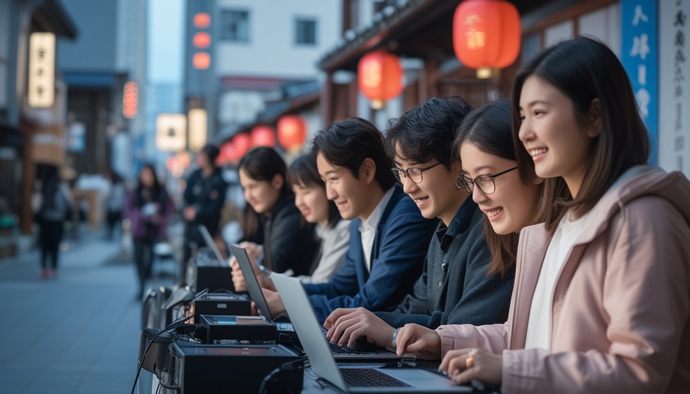 Sekelompok orang muda menggunakan perangkat digital di latar kota Jepang yang menggabungkan elemen tradisional dan modern.