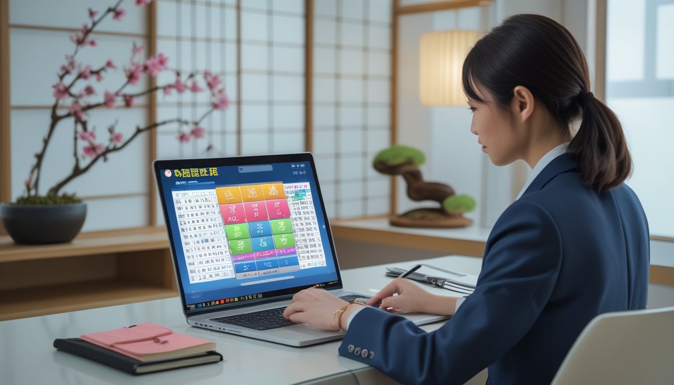 Seorang pria berpakaian rapi duduk di meja dengan laptop terbuka menampilkan antarmuka togel Jepang, dikelilingi dekorasi Jepang seperti tanaman bonsai dan layar shoji.