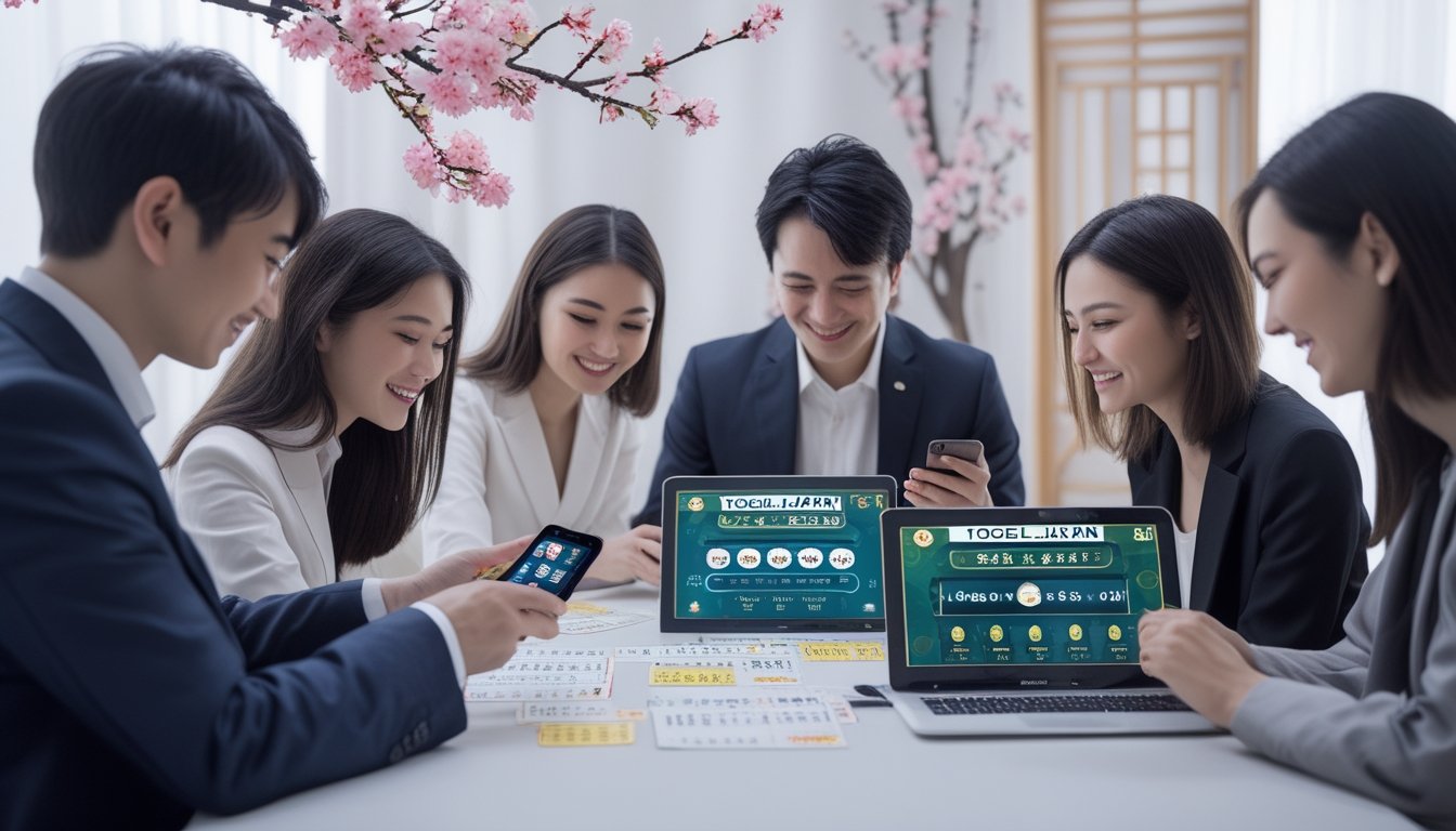 Orang-orang sedang bermain permainan togel Jepang menggunakan perangkat digital di sebuah ruangan dengan dekorasi bertema Jepang.