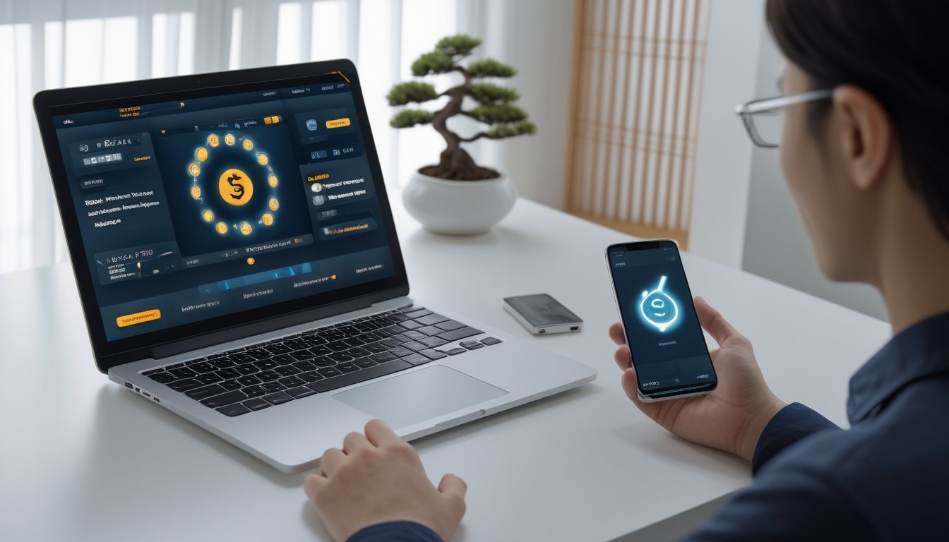 Seorang pria menggunakan laptop dan ponsel di meja kerja dengan latar belakang elemen budaya Jepang, menunjukkan aktivitas taruhan online yang cepat dan mudah.