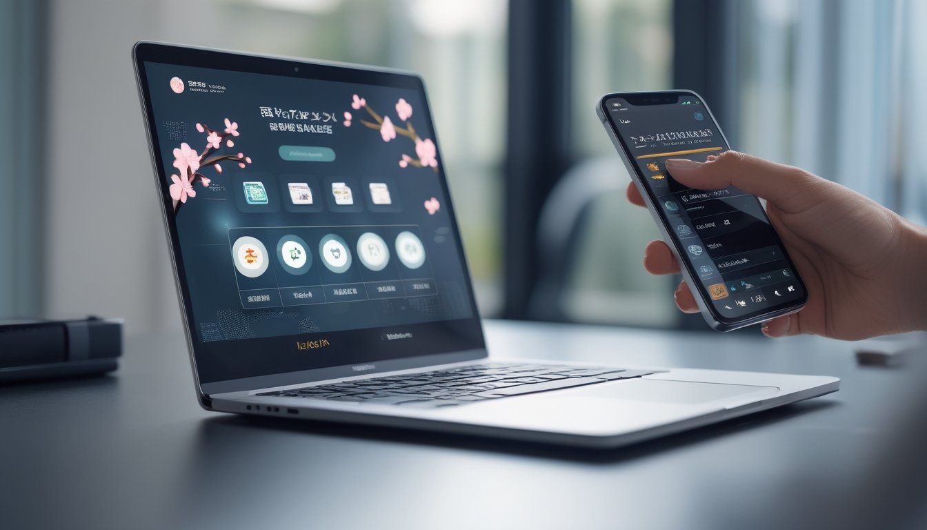 Seorang pengguna menggunakan laptop dan ponsel pintar di meja kerja modern dengan latar belakang yang samar, menunjukkan aktivitas transaksi cepat pada platform togel Jepang.