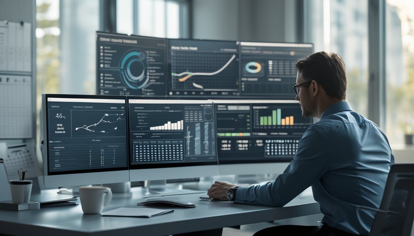 Seorang profesional duduk di meja kantor dengan layar komputer menampilkan grafik dan data angka, terlihat fokus menganalisis hasil terbaru.