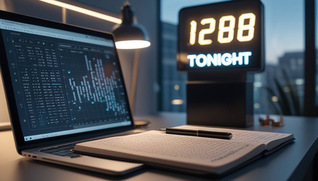 Meja kerja modern dengan laptop, buku catatan berisi angka, dan jam digital yang menunjukkan waktu malam.