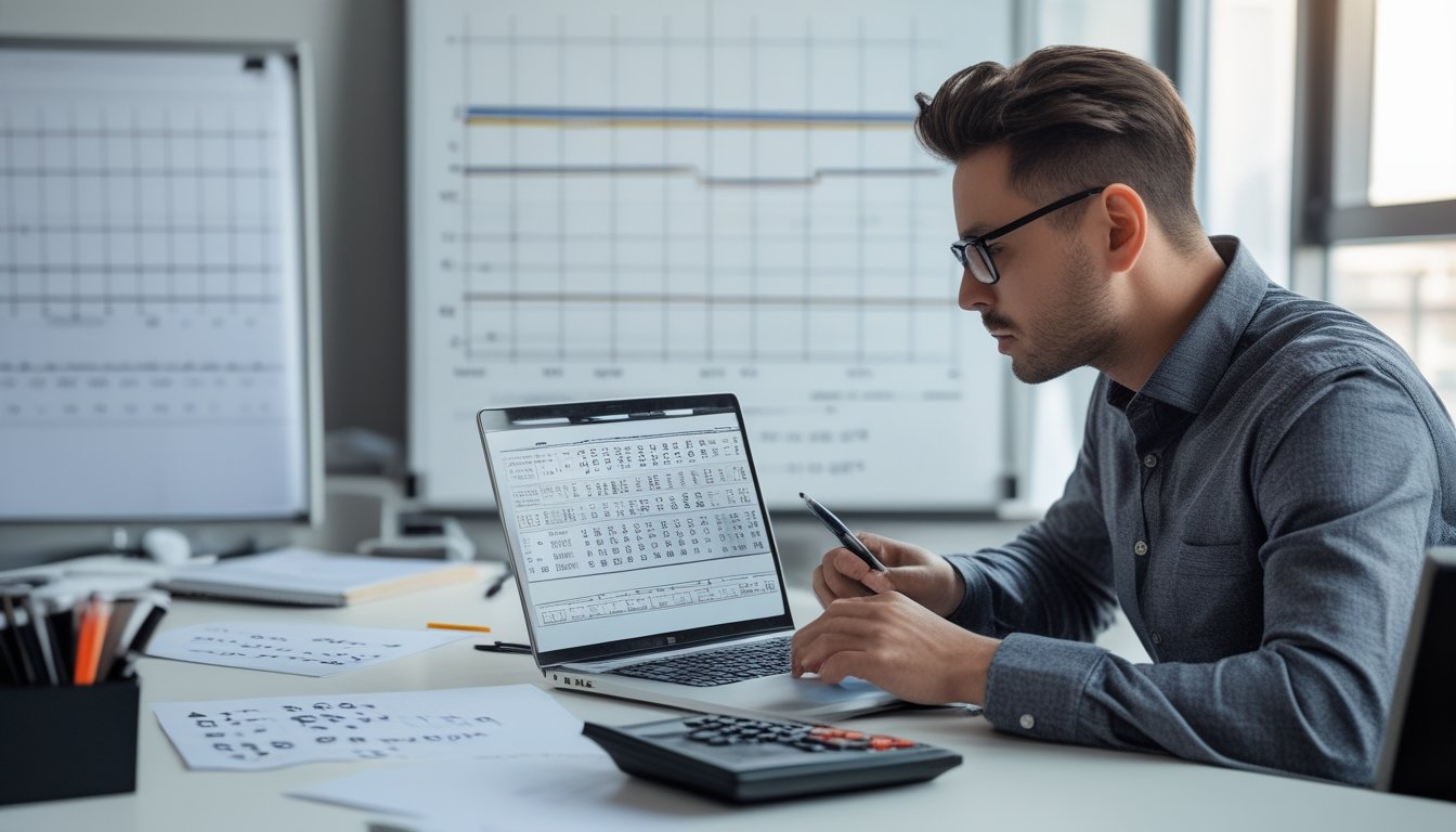 Seorang individu fokus menganalisis angka dan grafik prediksi togel di meja kerja dengan laptop dan kalkulator.