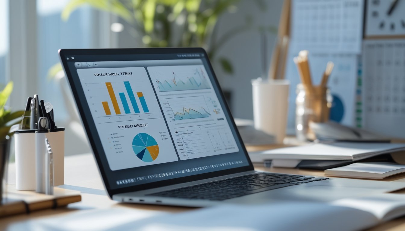 Meja kerja modern dengan laptop dan smartphone yang menampilkan grafik dan data, diterangi cahaya alami, menciptakan suasana fokus dan terpercaya.
