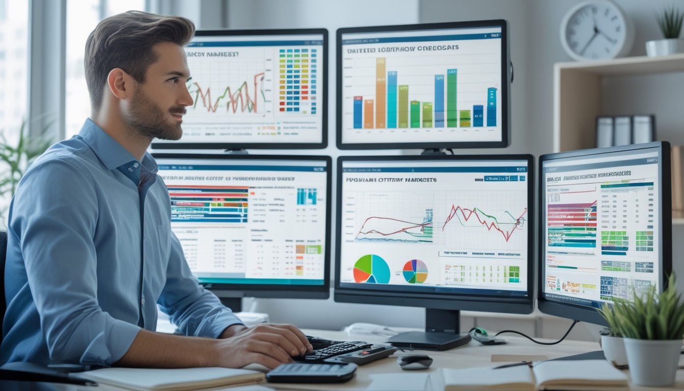 Seorang analis sedang melihat grafik dan data statistik di layar komputer dalam ruang kerja modern yang terang dan rapi.