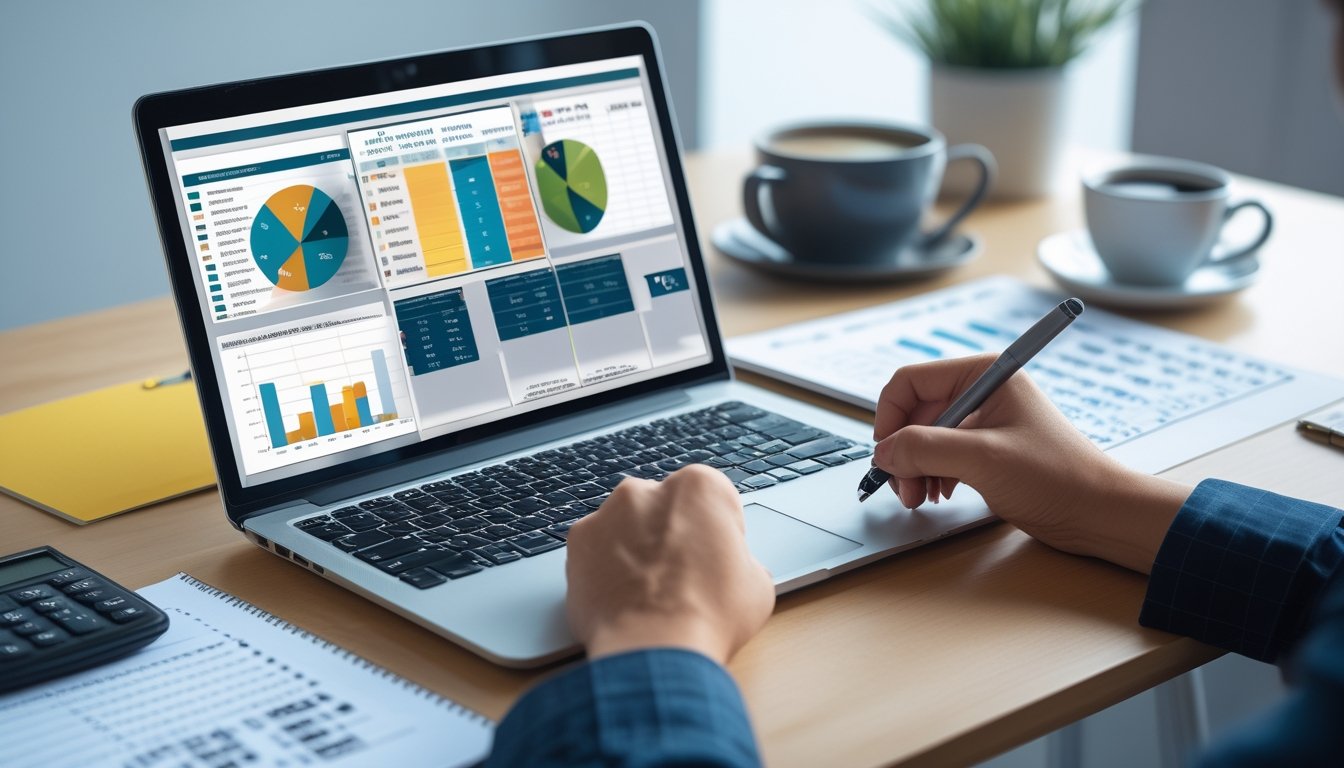 Seseorang sedang menganalisis data statistik di meja kerja dengan laptop, grafik, dan catatan untuk membuat prediksi togel yang akurat.
