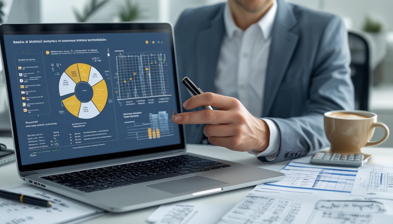Seorang profesional sedang menganalisis data statistik dengan laptop dan dokumen di meja kerja.