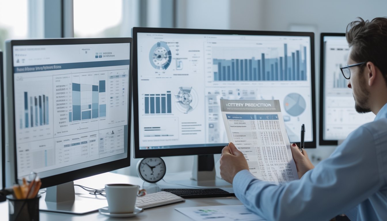 Seorang profesional sedang menganalisis data dan grafik di meja kerja yang rapi dengan beberapa monitor komputer dan dokumen cetak.