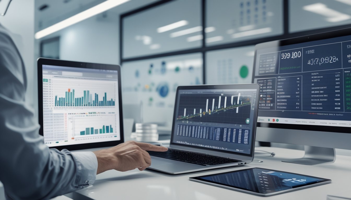 Seorang profesional sedang menganalisis data pola keluaran togel di depan laptop dan tablet di ruang kantor yang terang dan rapi.