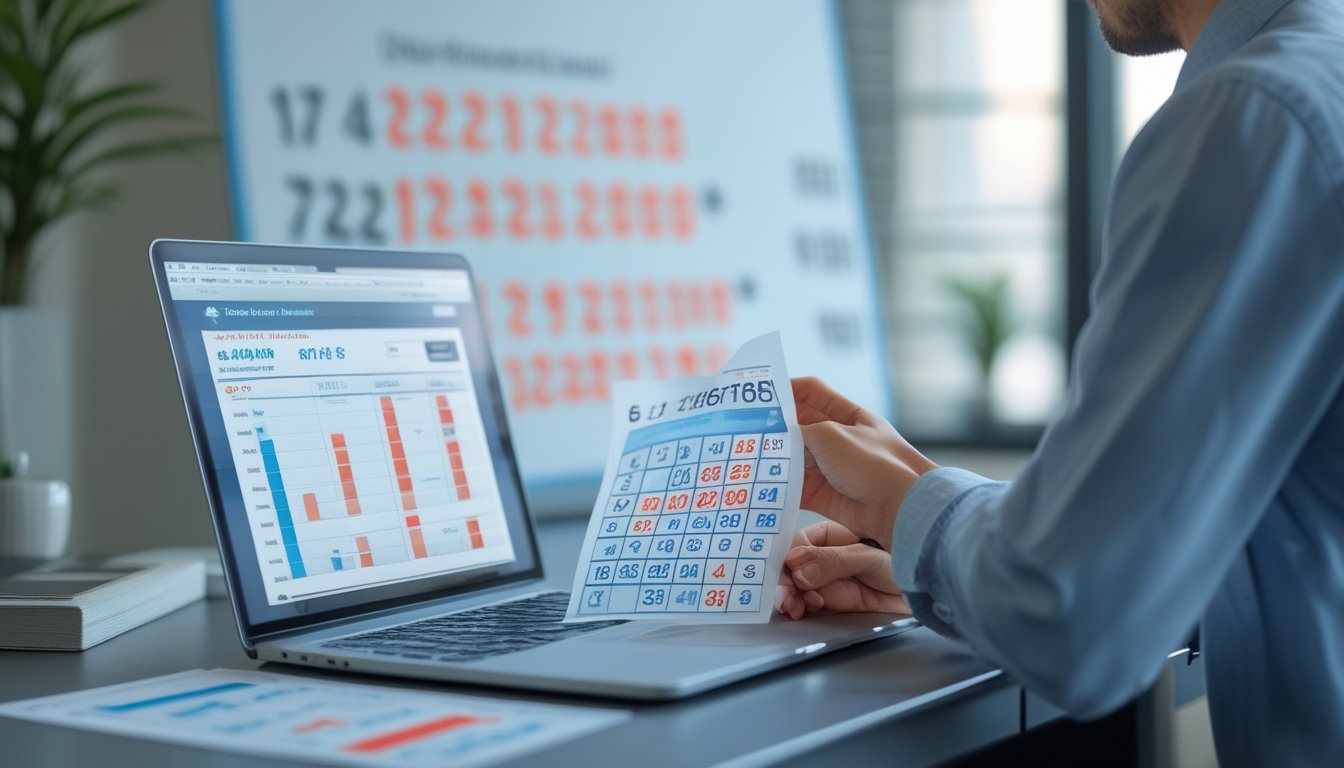 Orang sedang menganalisis data angka togel di meja kerja dengan laptop dan lembar data angka panas dan angka dingin.