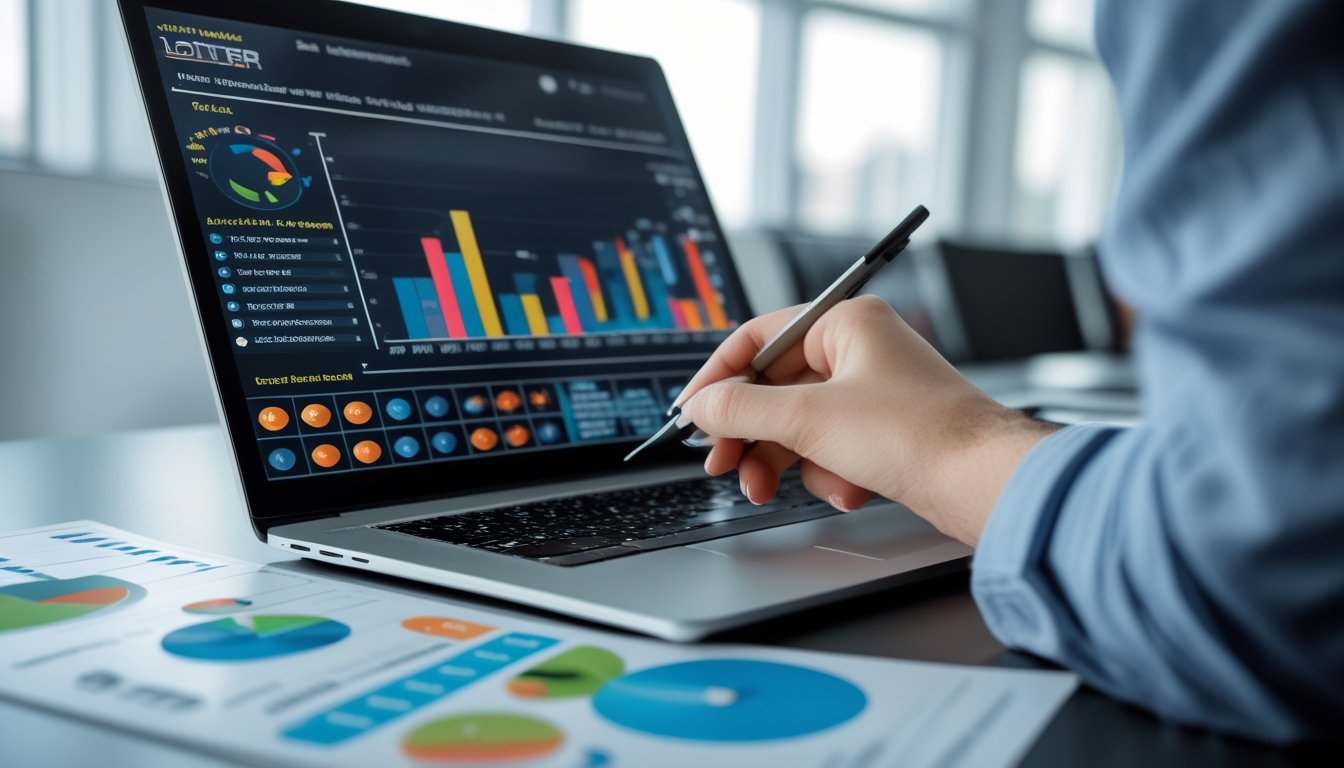 Meja kerja dengan laptop yang menampilkan grafik angka dan tangan seseorang menunjuk data angka pada kertas di sekitarnya.
