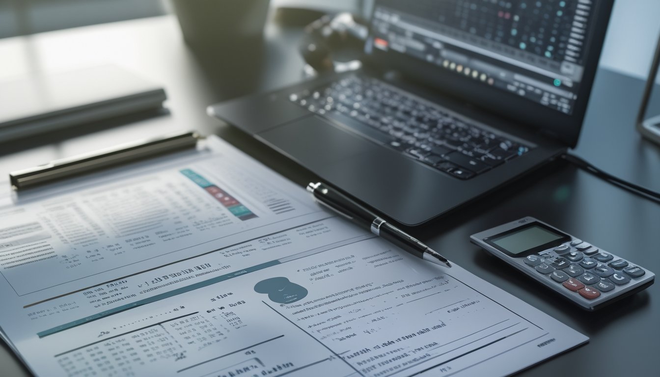 Meja kerja dengan laptop, kalkulator, dan kertas berisi angka dan rumus, menunjukkan suasana analisis angka togel.