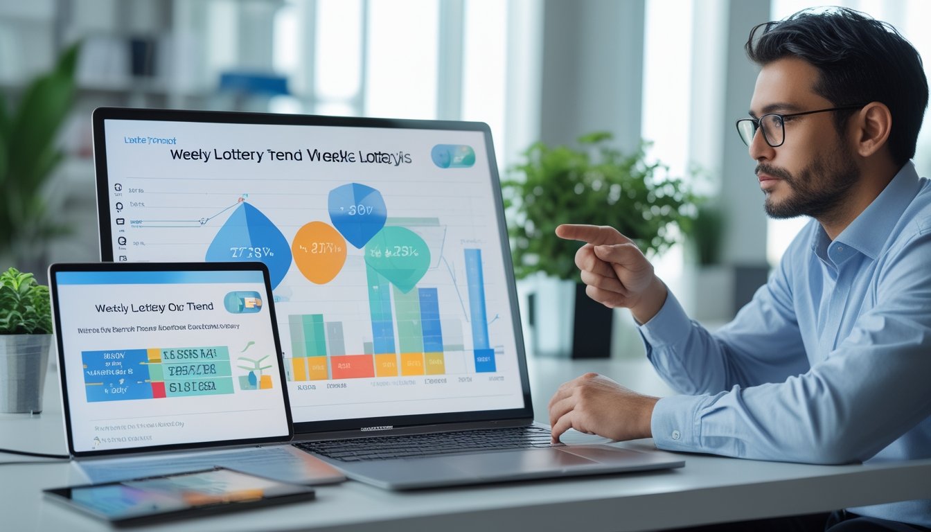 Seorang profesional sedang menganalisis data grafik dan angka di depan laptop dan tablet di ruang kantor yang terang dan rapi.