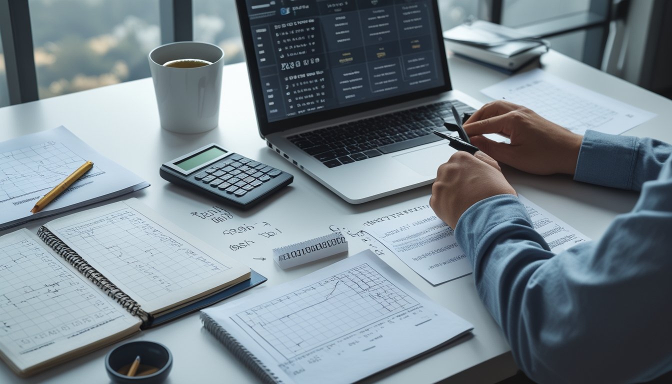 Meja kerja modern dengan laptop, catatan, kalkulator, dan kertas berisi data dan perhitungan, seseorang sedang bekerja dengan fokus.