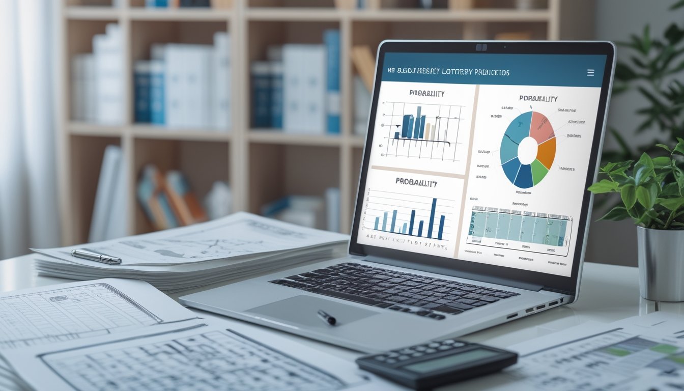 Meja kerja dengan laptop yang menampilkan grafik dan data probabilitas, kertas berisi angka dan tabel, kalkulator, dan pena di atasnya, dengan latar belakang rak buku yang kabur.