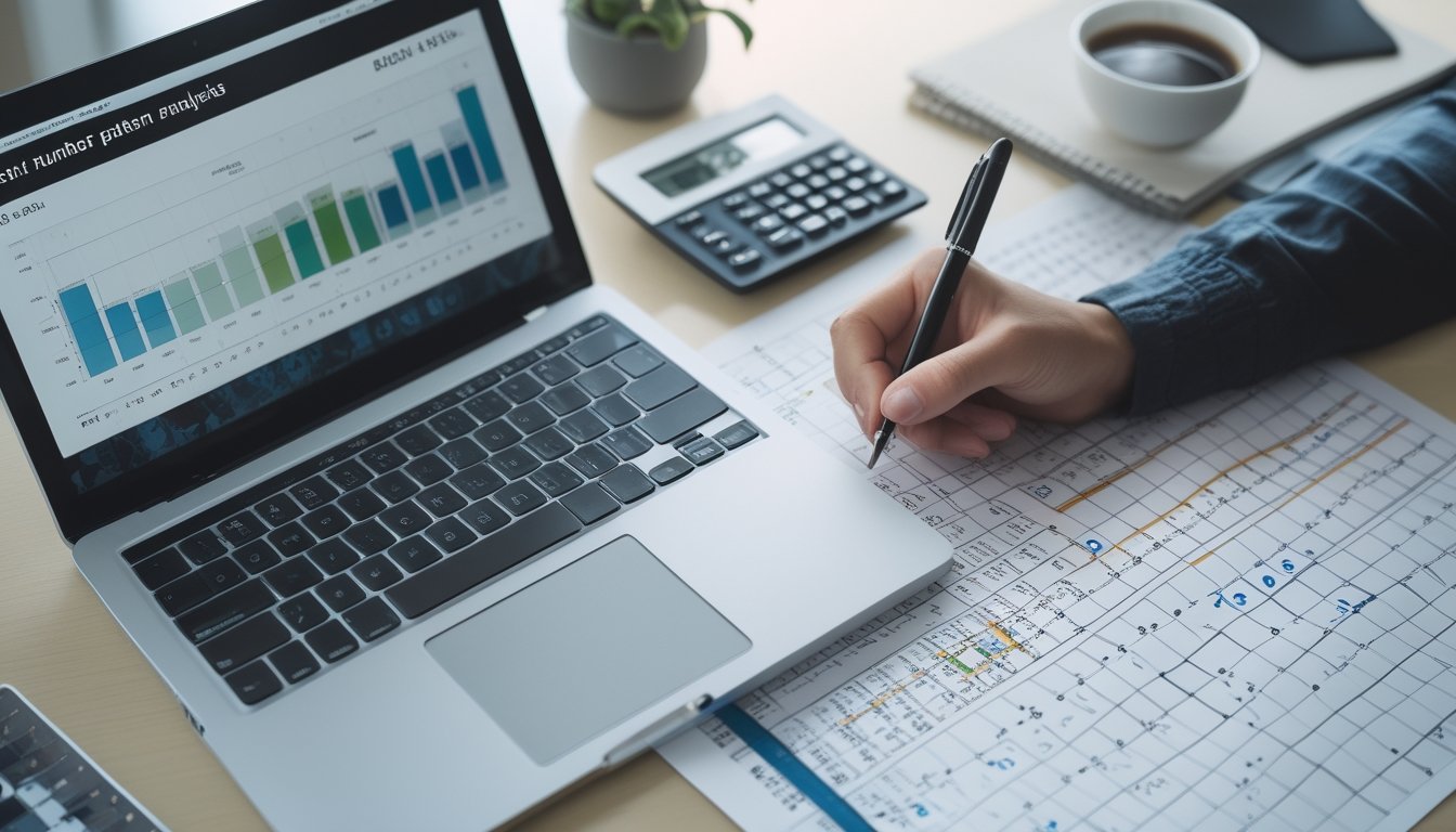 Meja kerja dengan laptop, tangan yang menulis di kertas berisi angka dan grafik, serta alat tulis dan kopi di sekitarnya.