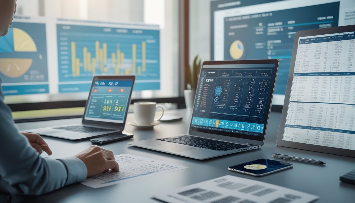 Seorang analis data bekerja di meja dengan laptop, tablet, dan layar besar menampilkan grafik dan data terkait keluaran togel Hongkong terbaru.