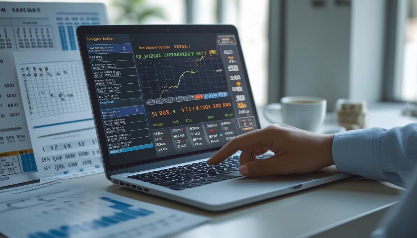 Meja kerja dengan laptop menampilkan data angka dan simbol shio, tangan menunjuk layar, suasana fokus dan analisis.