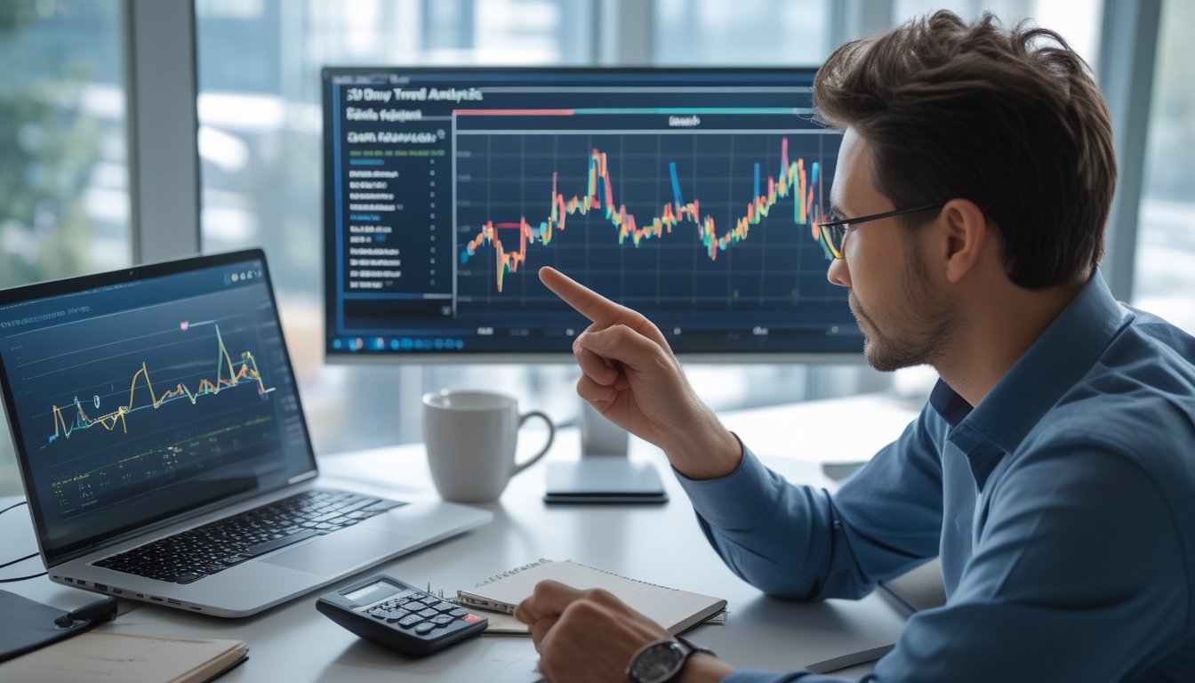 Seorang profesional sedang menganalisis data tren selama 30 hari terakhir di sebuah kantor modern dengan laptop dan layar besar yang menampilkan grafik.