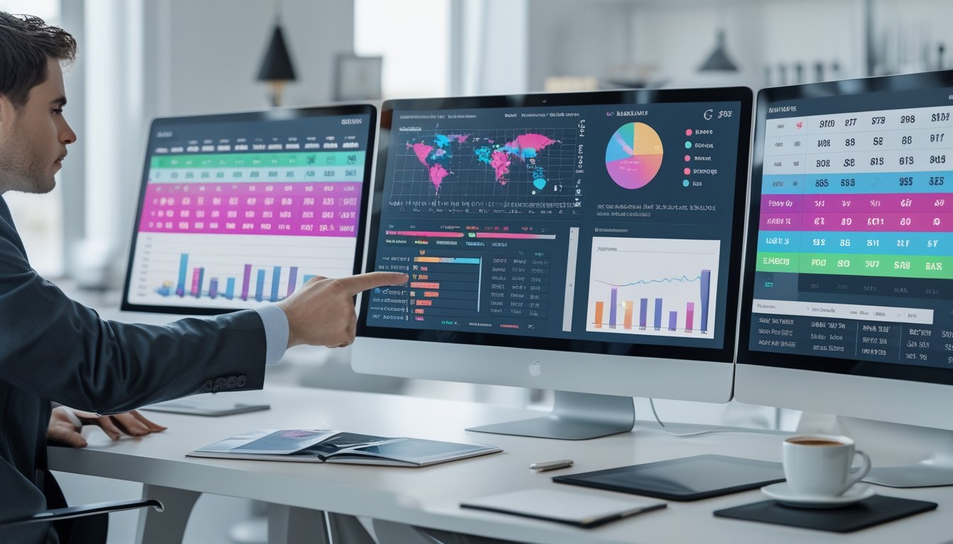Seorang profesional sedang menganalisis data pada beberapa layar komputer di ruang kerja modern.