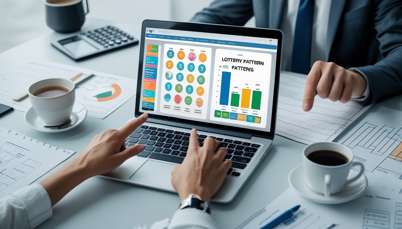Meja kerja dengan laptop menampilkan grafik pola keluaran togel, tangan menunjuk layar, dan beberapa lembar data di sekitarnya.