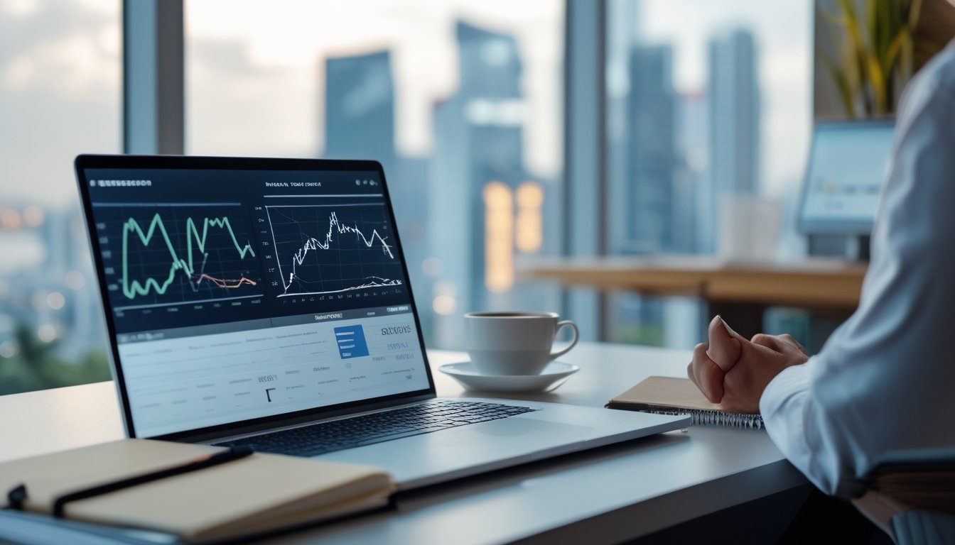 Sebuah meja kerja modern dengan laptop, buku catatan, dan cangkir kopi, menampilkan suasana analisis data angka togel dengan latar belakang samar pemandangan kota Singapura.