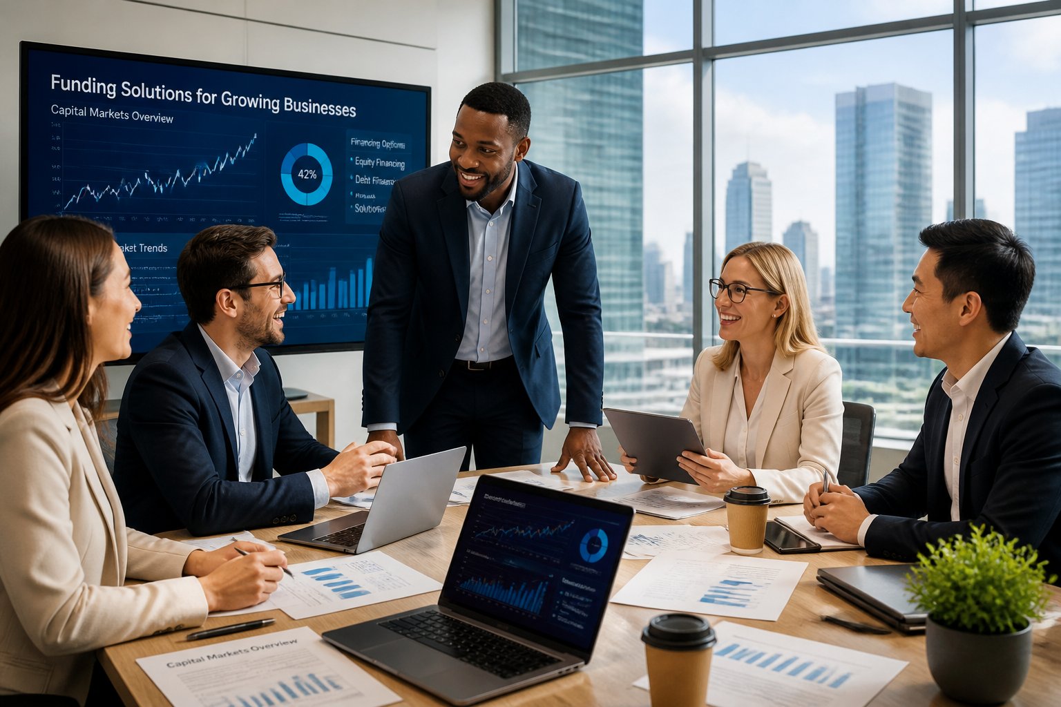 Business professionals collaborating around a conference table with laptops and financial documents in a bright office with city views.