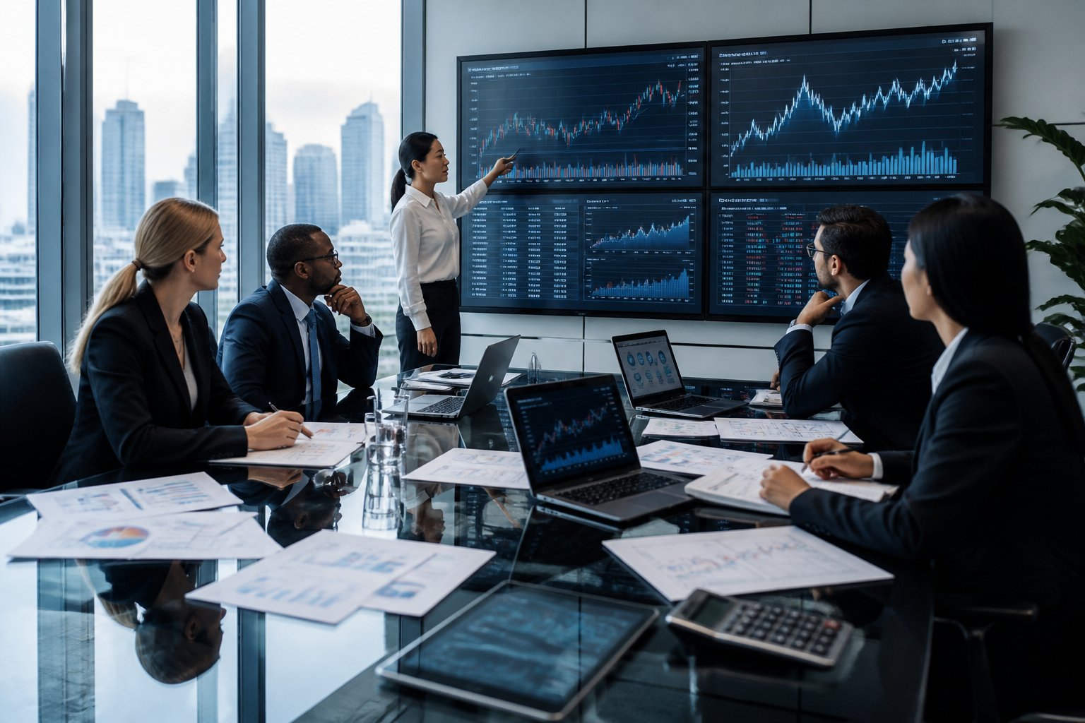 A group of business professionals in a modern office reviewing financial charts and data during a meeting.