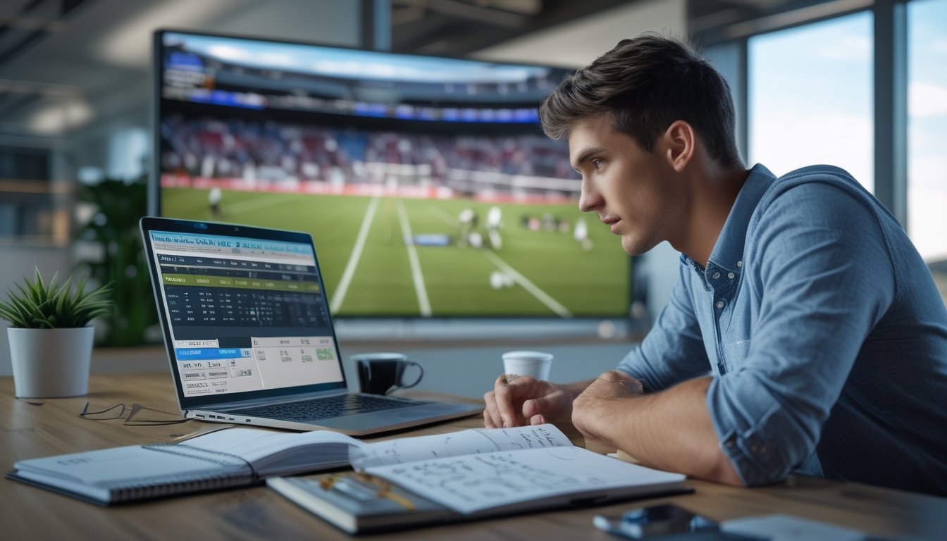 Seorang pria muda sedang menganalisis strategi taruhan rugby di ruang kerja modern dengan laptop, catatan, dan layar pertandingan rugby di belakangnya.