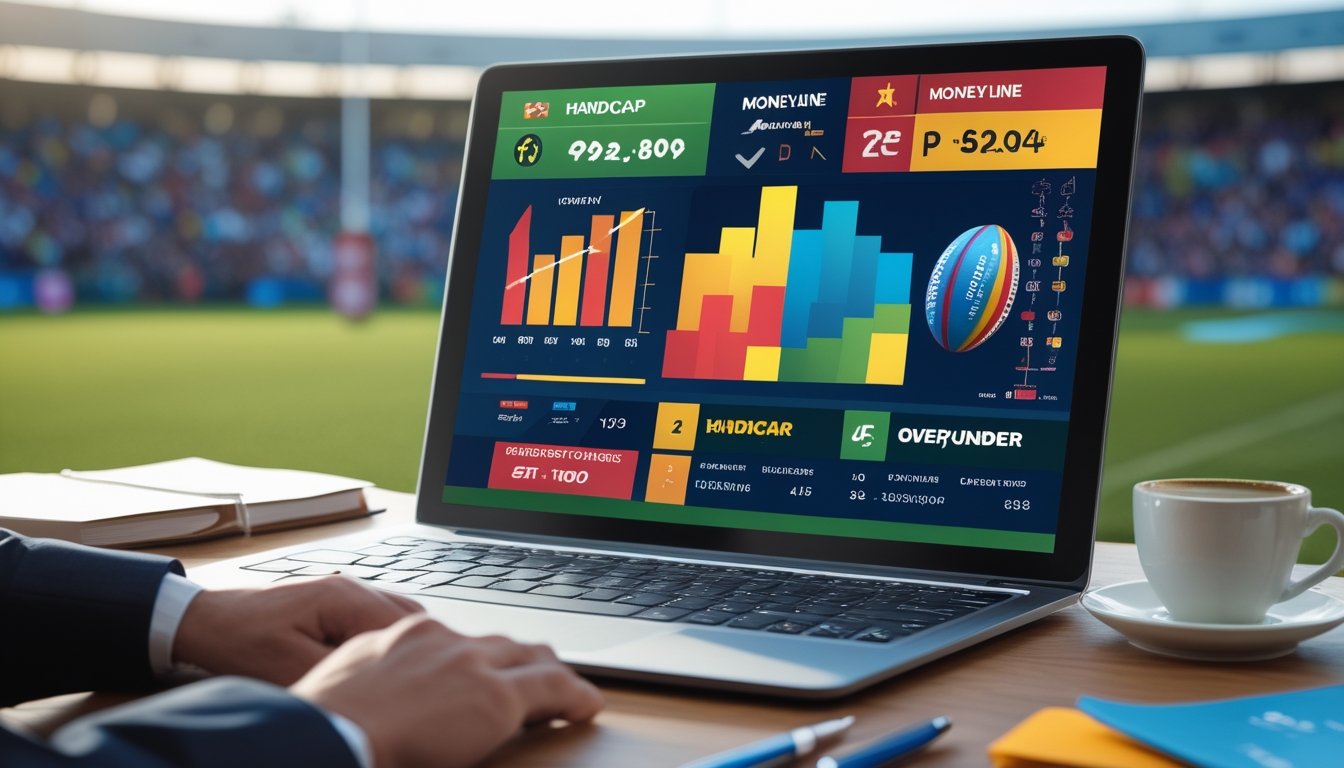 Seorang pria menggunakan tablet yang menampilkan data taruhan rugby dengan latar belakang stadion rugby dan penonton yang ramai.