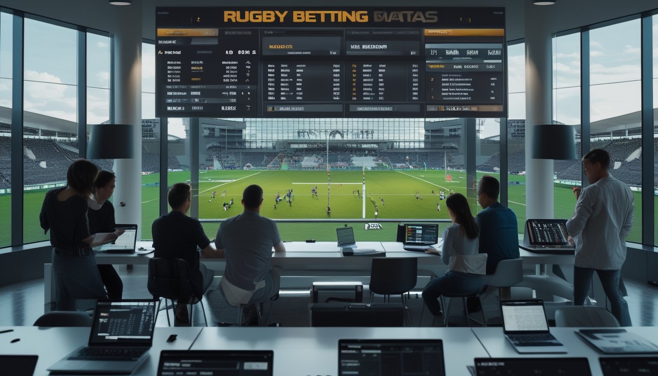 Orang-orang yang sedang menganalisis data taruhan rugby dengan latar belakang stadion rugby dan pemain yang sedang bertanding.